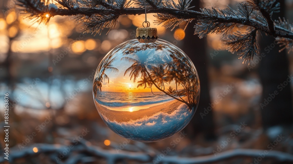 Fototapeta premium A vibrant Christmas bauble showcases a miniature beach scene within, suspended against a stunning sunset backdrop. Perfect for holiday, beach, and winter themes.