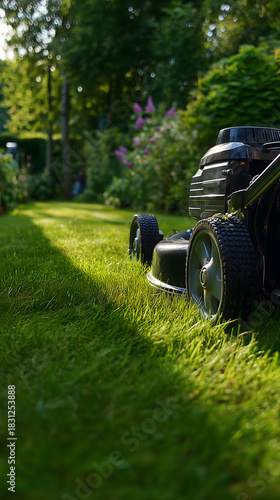 Tonte de la pelouse dans un jardin avec une tondeuse électrique en été.