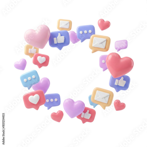 3D Social Media Icons Frame Likes Hearts Messages Marketing
