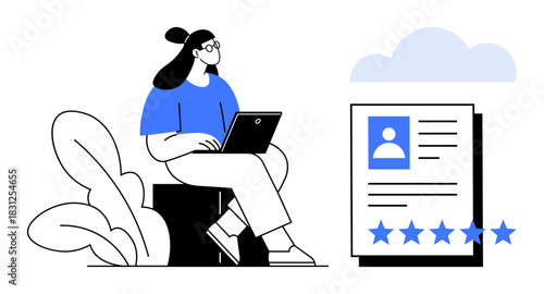Woman seated with a laptop reviewing an online profile and rating card with stars. Ideal for recruitment, job search, remote work, online profiles, digital resumes, career growth, HR management
