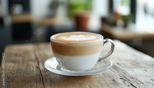 Wallpaper Mural Cappuccino in transparent glass cup on wooden table Torontodigital.ca