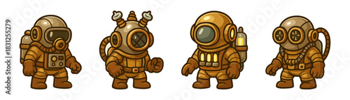 Retro diving characters set, steampunk helmets and gear