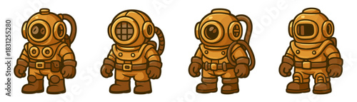 Classic copper deep-sea divers, cartoon character set