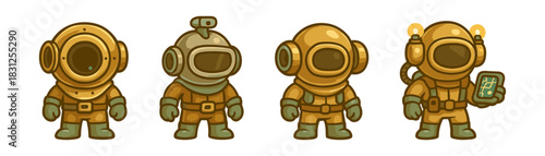 Classic diving helmet characters set, front view