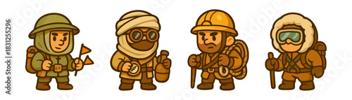 Explorer hikers set, cartoon mountaineers and guides