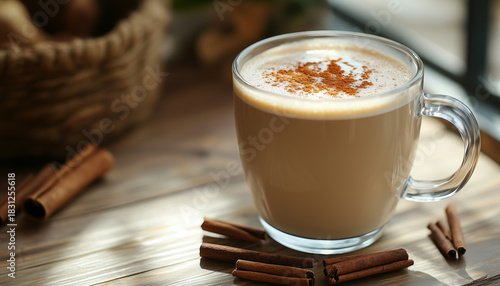 Chai latte in transparent glass cup on wooden table