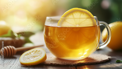 Hot lemon and honey drink in transparent glass cup on wooden table