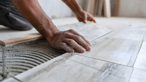 Pose de carrelage sur un sol en construction dans un intérieur.
