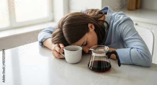 Tired young woman sleeping on kitchen table next to coffee
