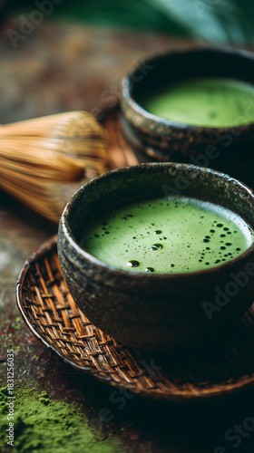 Dégustation de thé matcha dans un bol en céramique.