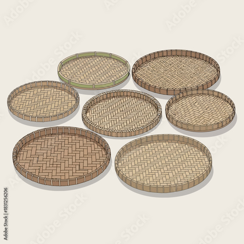 Arrangement of traditional handcrafted winnowing trays artistic display