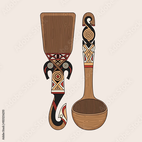 Artistic depiction of handcrafted wooden utensils with intricate motifs