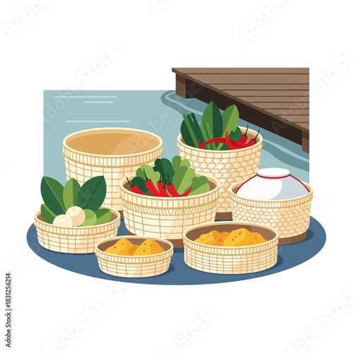 Arrangement of woven baskets filled with fresh vegetables near the river