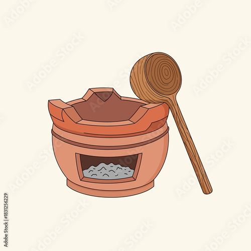 Charming depiction of a traditional brazier and wooden ladle for cooking