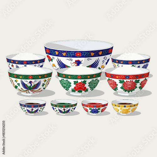 Colorful Array of Asian Inspired Bowls with Detailed Floral and Avian Designs