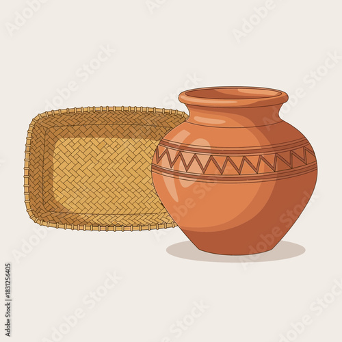 Rustic earthenware pot and woven basket display handcrafted heritage art
