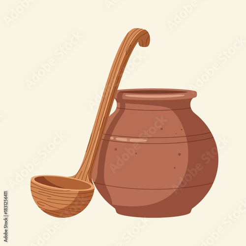 Rustic earthenware pot and wooden ladle illustration on plain backdrop