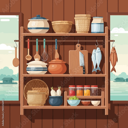 Rustic Kitchen Still Life with Wooden Shelves and Cooking Utensils