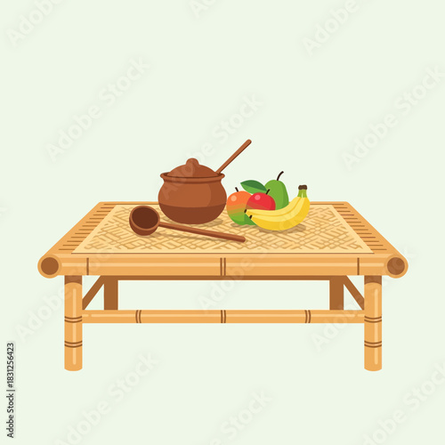 Simple Rustic Still Life with Fruit and Pottery on a Bamboo Woven Table
