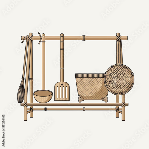 Traditional bamboo kitchenware arrangement on a simple bamboo rack display