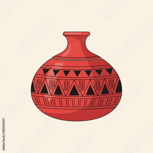 Stylized Red Earthenware Vessel with Geometric Tribal Pattern Decoration