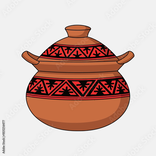 Traditional terracotta pot with geometric pattern on white background