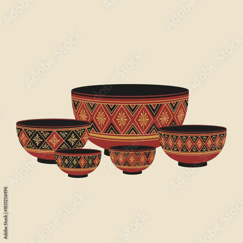 Traditional ornamented bowls illustration, vintage design and art concept