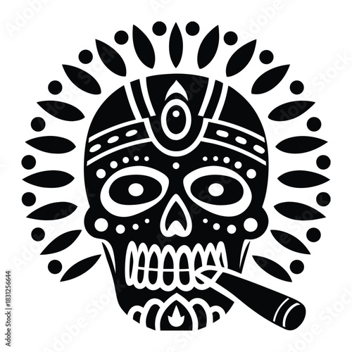 Ornate Skull with Cigar Vector Illustration