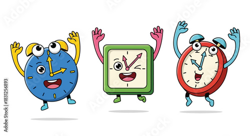 Cute cartoon clock and alarm characters with expressive faces and playful emotions in a children's illustration style