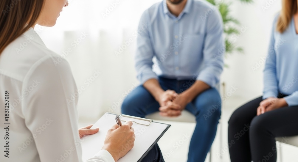 Fototapeta premium Professional psychologist taking notes during couple therapy session