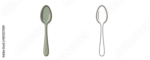 Vector illustration featuring a metal spoon in two styles: a colored version with highlights and shading, and a minimal black outline contour version