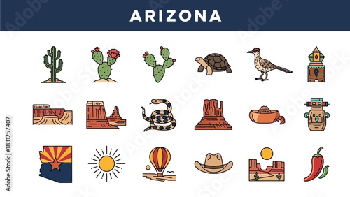Vibrant collection of Arizona state symbols and travel icons. A digital set featuring desert wildlife, landmarks, and Southwestern culture elements