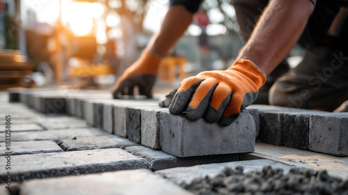 Un ouvrier pose des pavés en béton dans une rue d'une ville pendant l'après-midi.