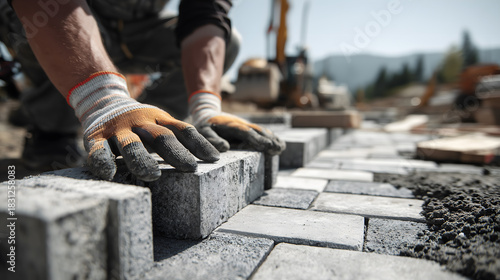 Pose de pavés pour une allée en construction dans un chantier durant la journée.
