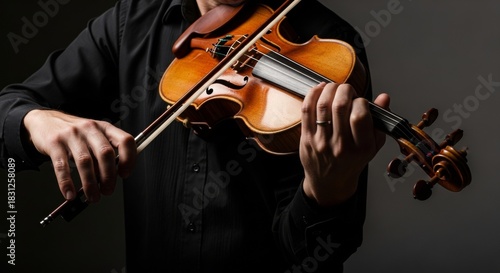 Musician playing violin with bow, close-up of hands and instrument