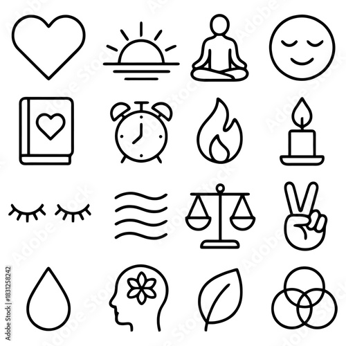 Symbols of Serenity: An artistic representation of peace and well-being, this image is filled with symbolic icons like the heart, a sunrise, and a meditating figure.