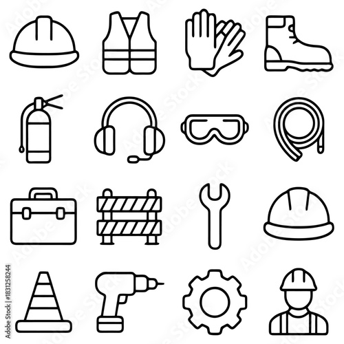 Safety Equipment Icons: Set of construction and industrial safety gear icons, including essential tools and protective equipment for worker safety.