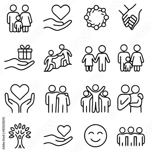 Harmony in Unity: A set of icons depicting various symbols of community, care, and family, including a tree, handshake, gift, and a heart, embodying the values of togetherness and support.