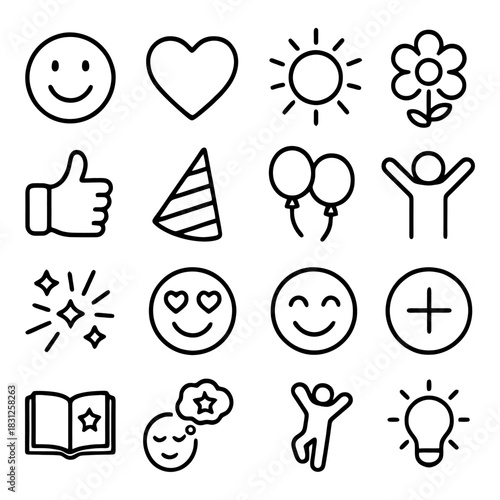 Icons of happiness:A collection of simple icons representing positive emotions and symbols of joy. From smiling faces to hearts, thumbs up, and radiant sunshine.