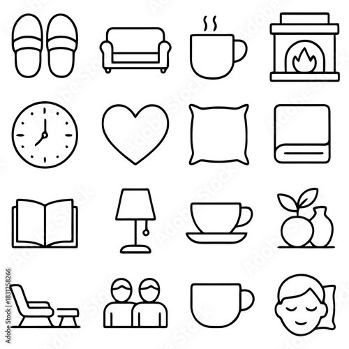 Cozy Home Icons: A curated collection of vector icons, embodying elements of domestic comfort and serenity, ideal for design concepts related to home living and interior decor.
