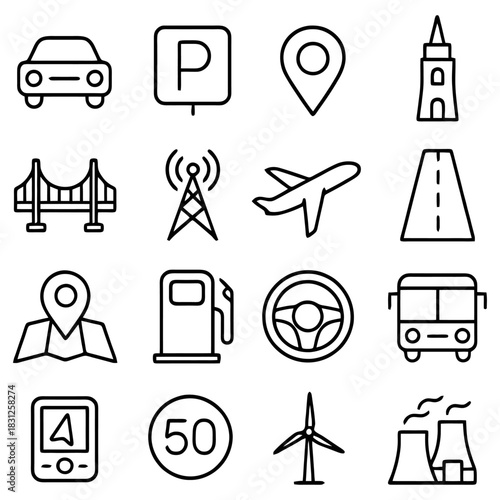 Navigation and Transportation Icons: A set of clean, minimalist icons representing various modes of transport and navigation tools, ideal for design projects related to travel, wayfinding.