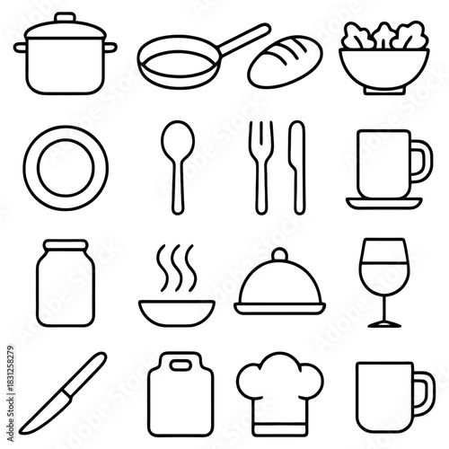 Culinary Collection: A detailed illustration showcasing an array of kitchen essentials and tableware items.
