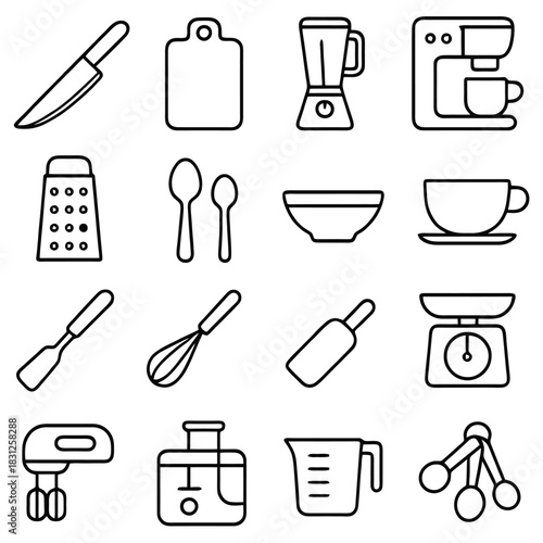 Essential Kitchen Elements: An array of kitchen tools, meticulously crafted as line drawings, showcases culinary essentials. Each item is a testament to the art of cooking.