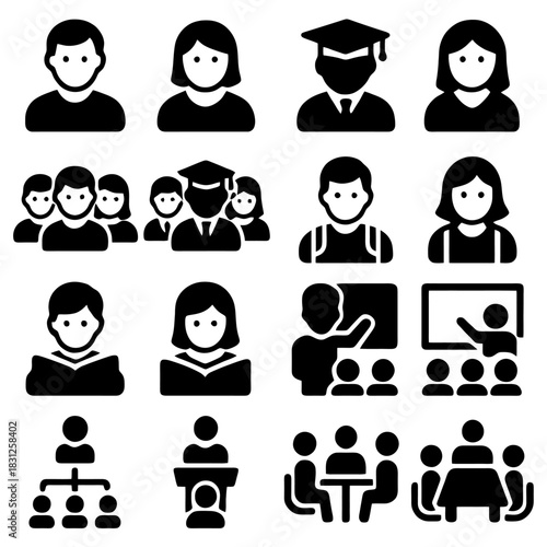 Academic Icons: A set of clean, minimalist icons that capture the essence of learning, representing individuals, teamwork, lectures, and meetings, suitable for educational or corporate contexts.