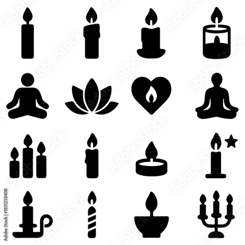 Serene Candle Icons: A collection of various candle icons, encompassing simple to ornate designs, alongside related imagery such as a lotus flower, a heart, and meditative figures.