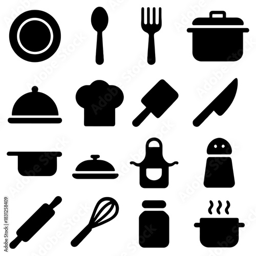 Culinary Essentials: A comprehensive collection of iconic kitchen utensils, tools and cookware. Including plates, spoons, forks, pots, knives, cutting boards, chef hats, rolling pins, salt shakers.