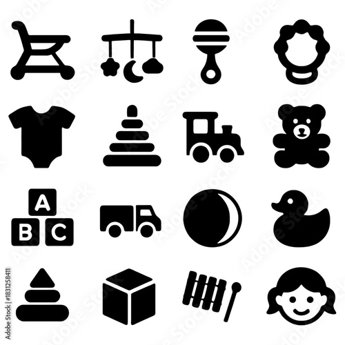 Childhood Toys Collection: A delightful ensemble of toys, capturing the essence of childhood play and imagination, featuring iconic objects, from a baby's first rattle to a teddy bear friend. 