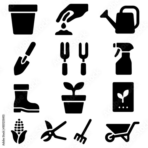 Gardening tools icons: A collection of various gardening icons, depicting tools like a pot, watering can, trowel, pitchforks, boot, seedling, seed pack, corn, shears, rake, wheelbarrow