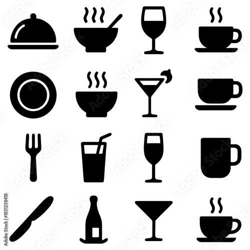 Restaurant Icons: A set of elegant vector illustrations showcases essential restaurant elements, providing a visual guide for culinary establishments, enhancing menus, websites.