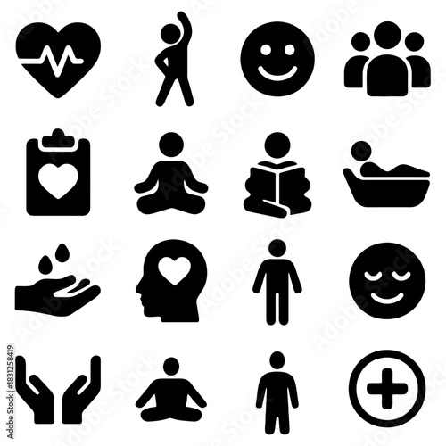 Wellness Icons: A collection of wellness icons illustrating key aspects of a healthy lifestyle, promoting balance and well-being.